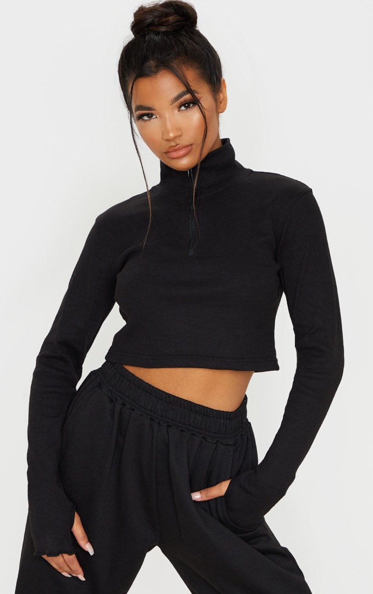 Black Zip Front Rib Knit Crop Top