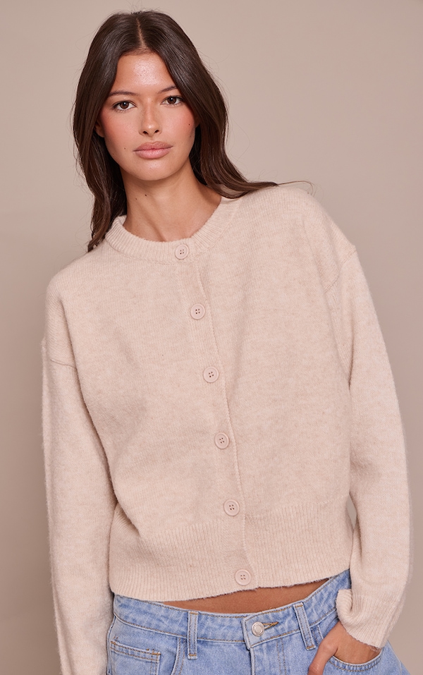 Oatmeal Crew Neck Knit Cardigan