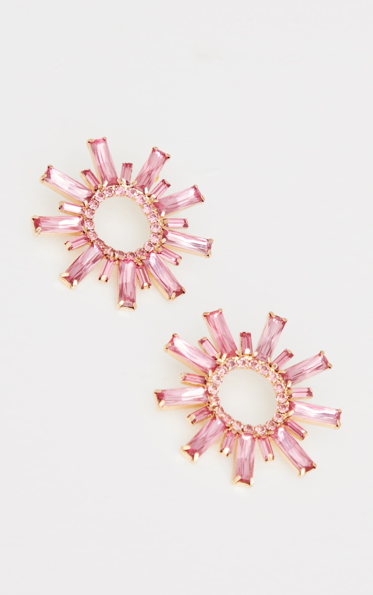 Boucles d'oreilles XXL fines rose vif à strass style baguette  image 2