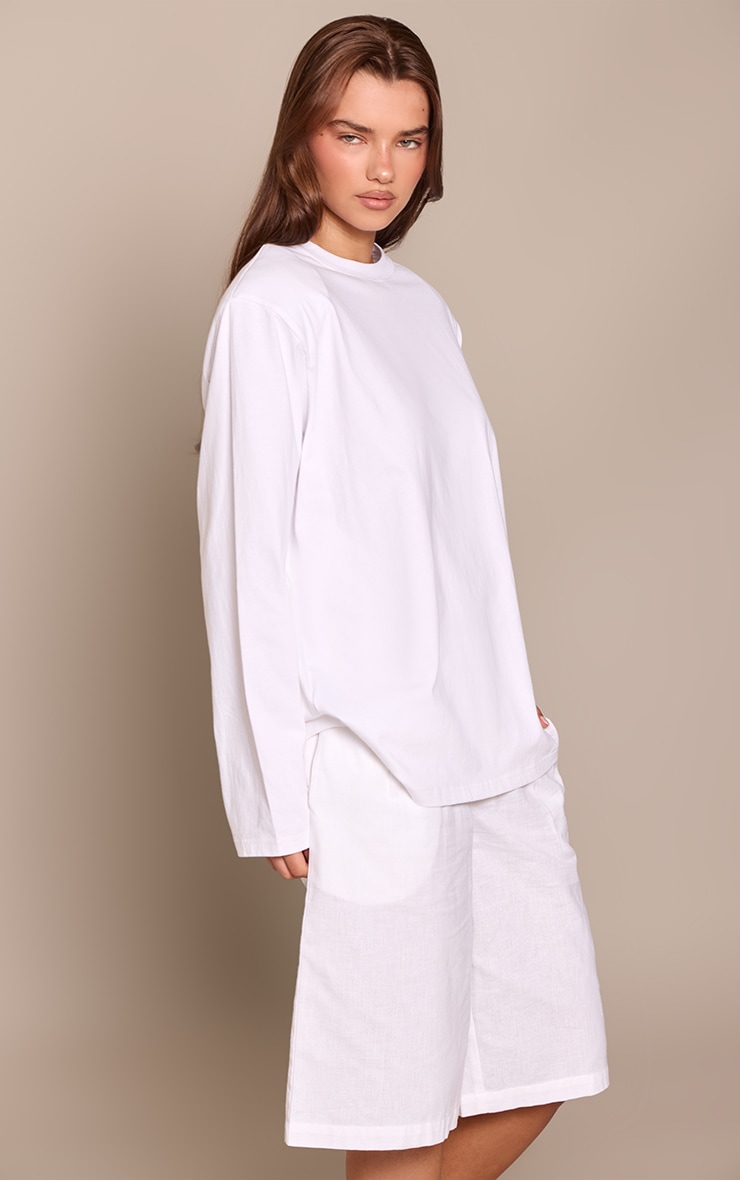 White Cotton Shoulder Pad Long Sleeve Oversized T-Shirt