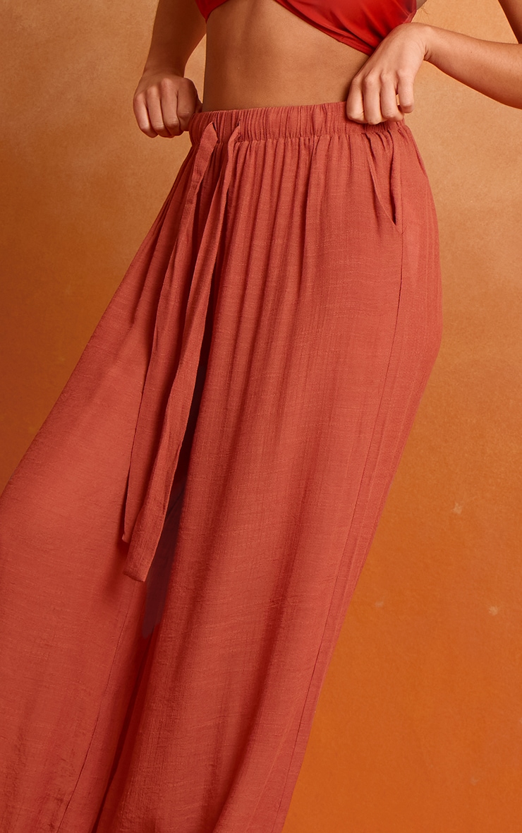 Rust Linen Look Palazzo Beach Pants image 4