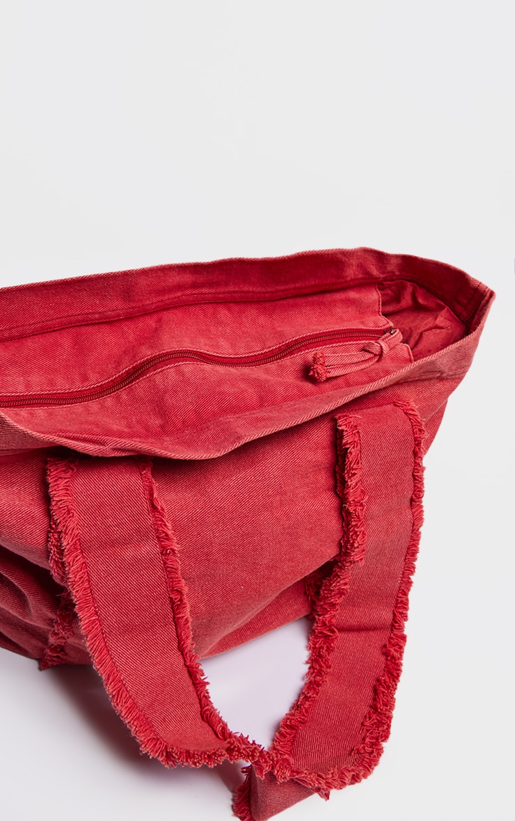 Cherry Red Denim Frayed Zip Tote Bag image 4