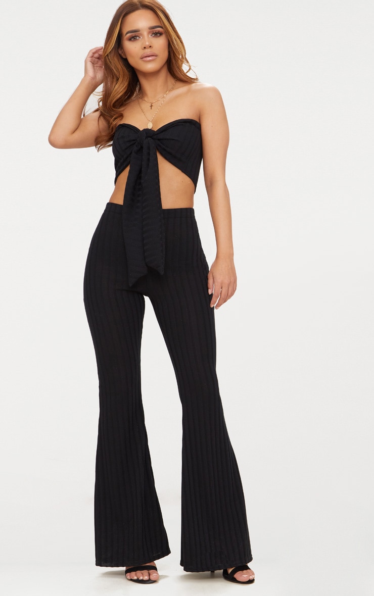 Petite Black Ribbed Tie Front Bandeau Crop Top