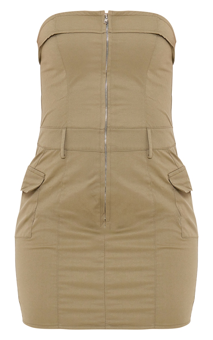 Sage Khaki Cargo Pocket Zip Up Bandeau Bodycon Dress image 5