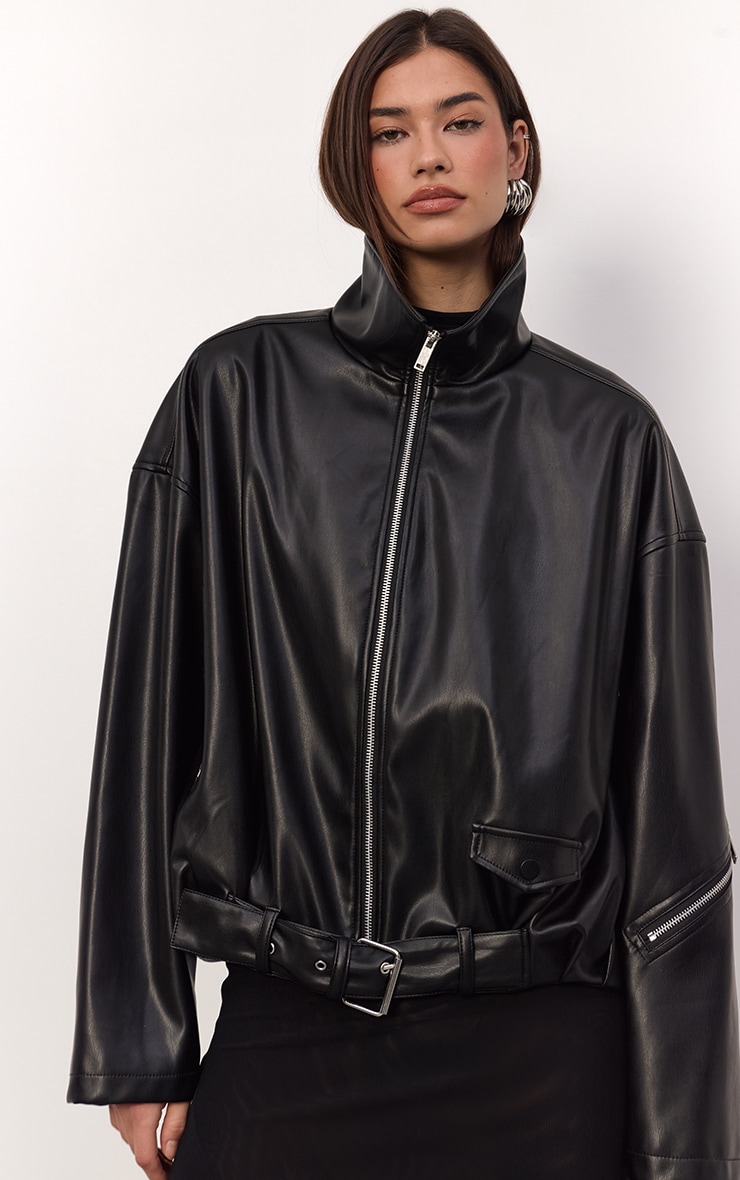 Black Low Belt Detail Ruched Faux Leather Biker Jacket  image 4