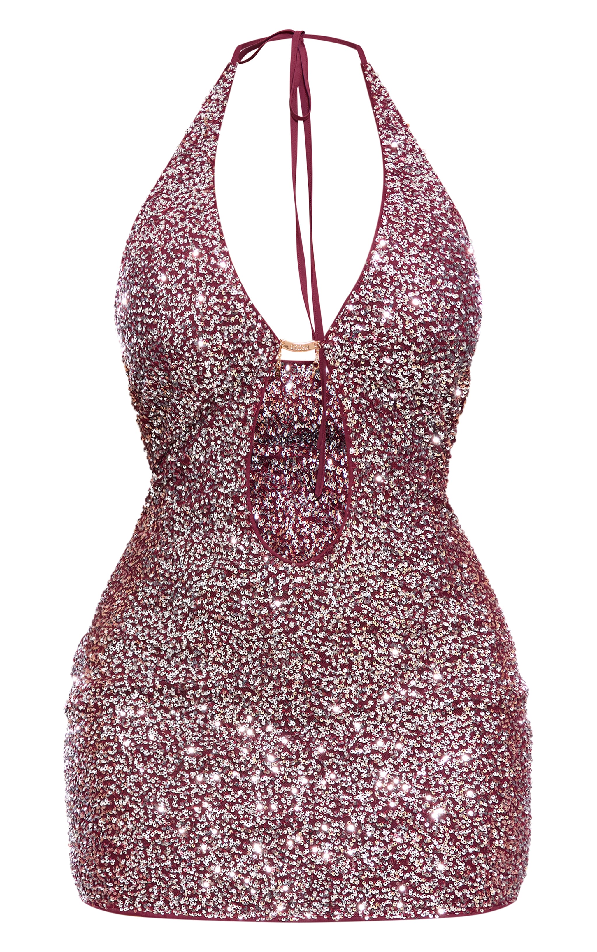 Shape Purple Sequin Plunge Gold Trim Halterneck Mini Dress image 1