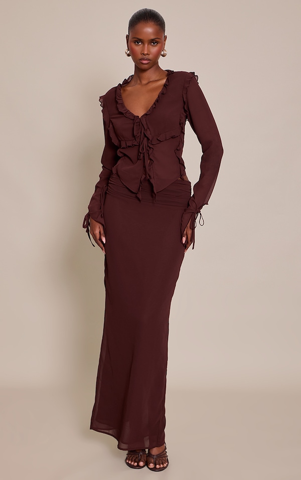 Dark Brown Ruched Chiffon Maxi Skirt