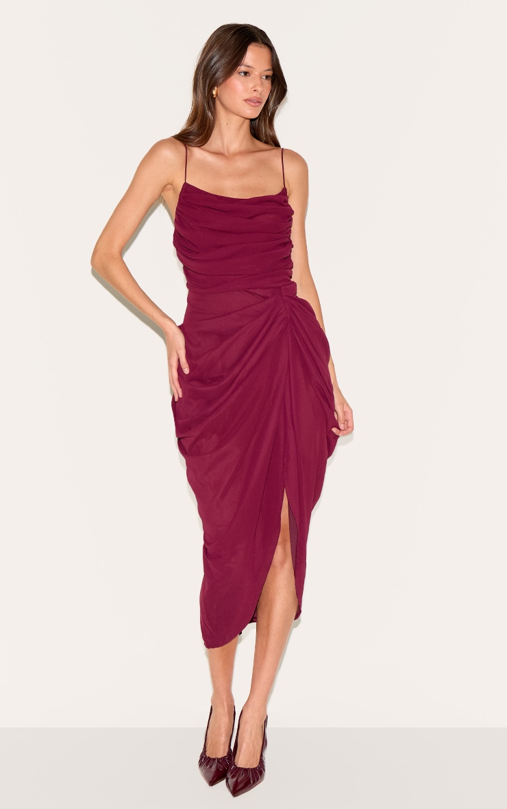 Wine Chiffon Ruched Drape Midi Dress image 3