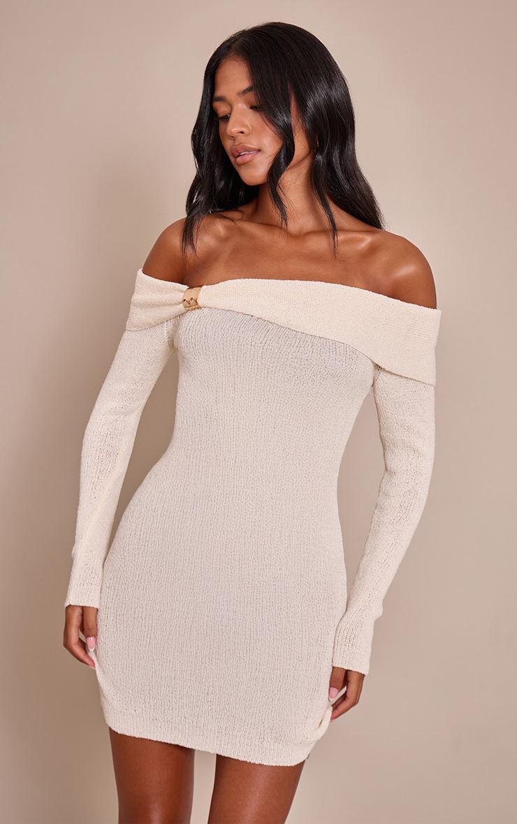 Tall Robe en maille tricot crème à col bardot et empiècement image 4