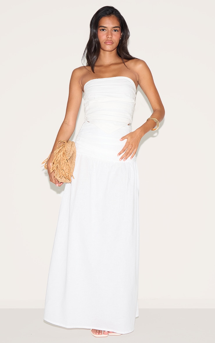 White Cotton Ruched Waist Maxi Skirt image 2