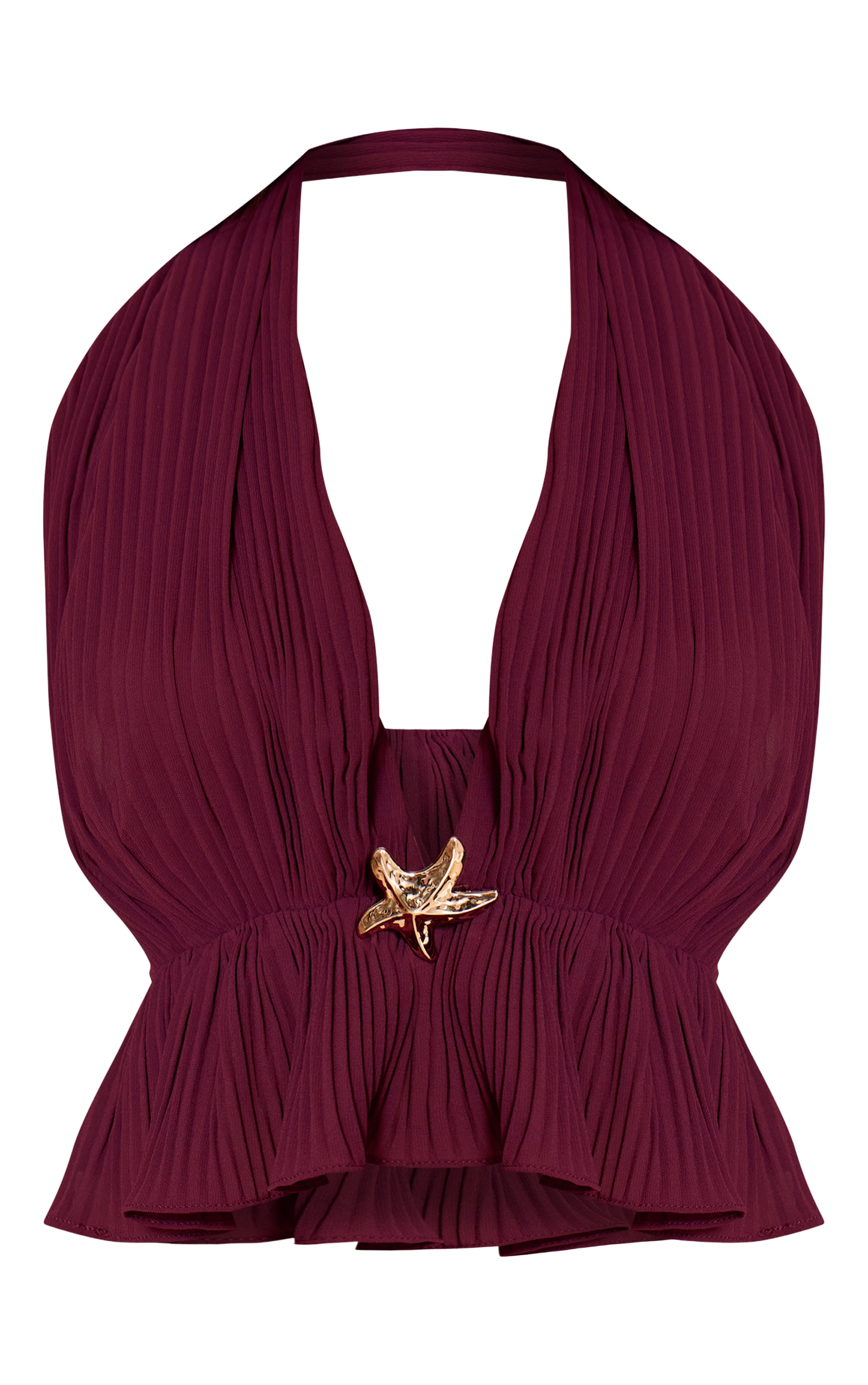 Petite Wine Plisse Trim Detail Halterneck Top image 5