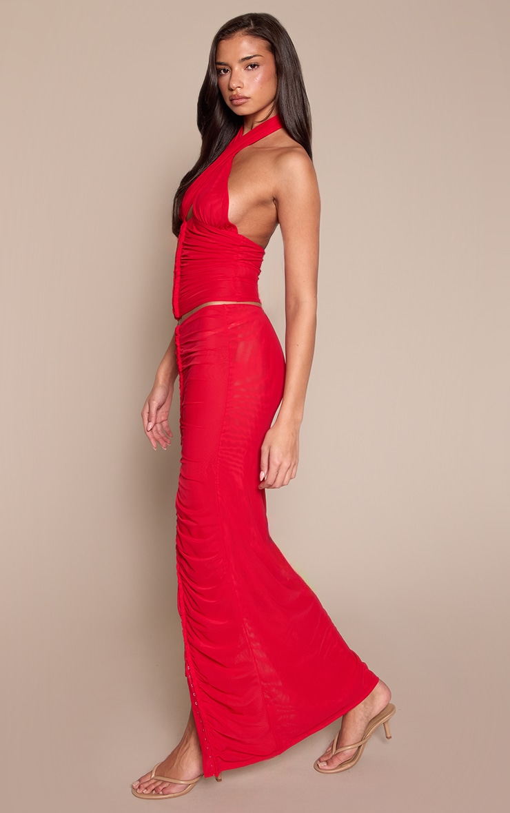 Red Mesh Ruched Maxi Skirt image 2
