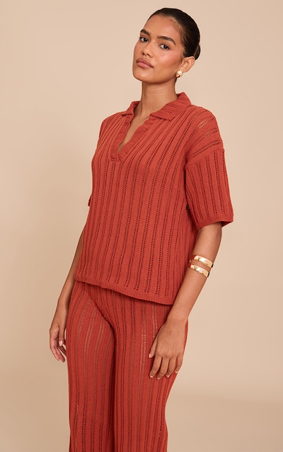 Rust Crochet Rugby Knit Top