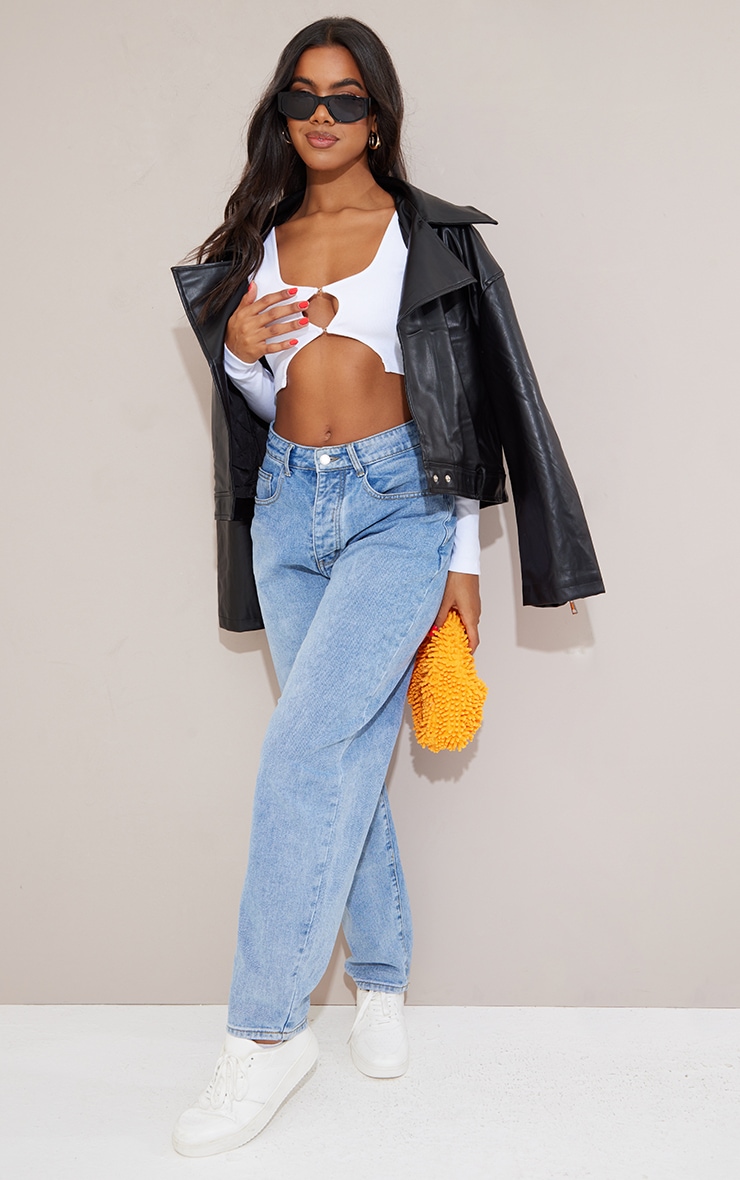White Hook And Eye Front Long Sleeve Cut Out Rib Crop Top image 2