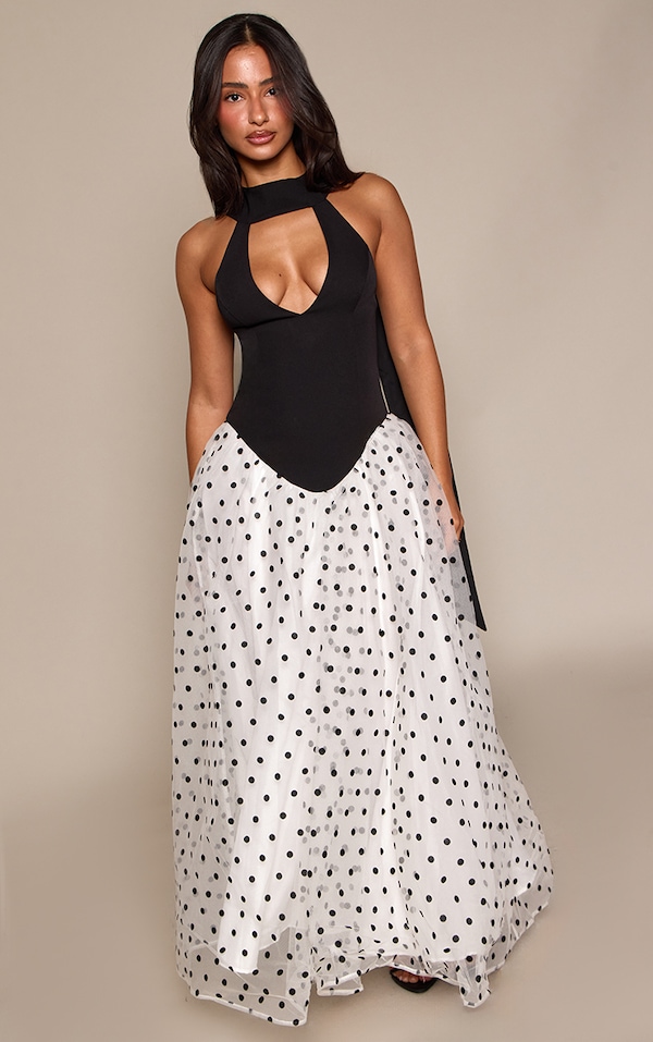 Petite Black Polka Dot Halterneck Scarf Dropped Waist Mesh Maxi Dress