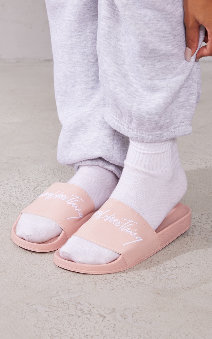 PRETTYLITTLETHING Pink Graphic Rubber Slides image 1