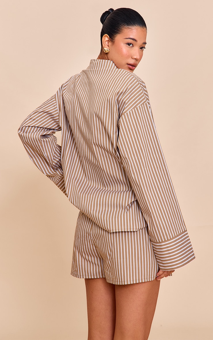 Olive Woven Pinstripe Balloon Sleeve Oversized Shirt image 2