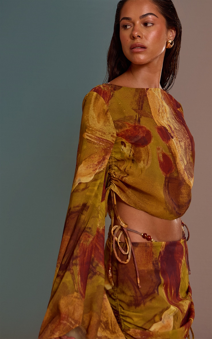 Green Abstract Print Bead Trim Chiffon Beach Top image 3