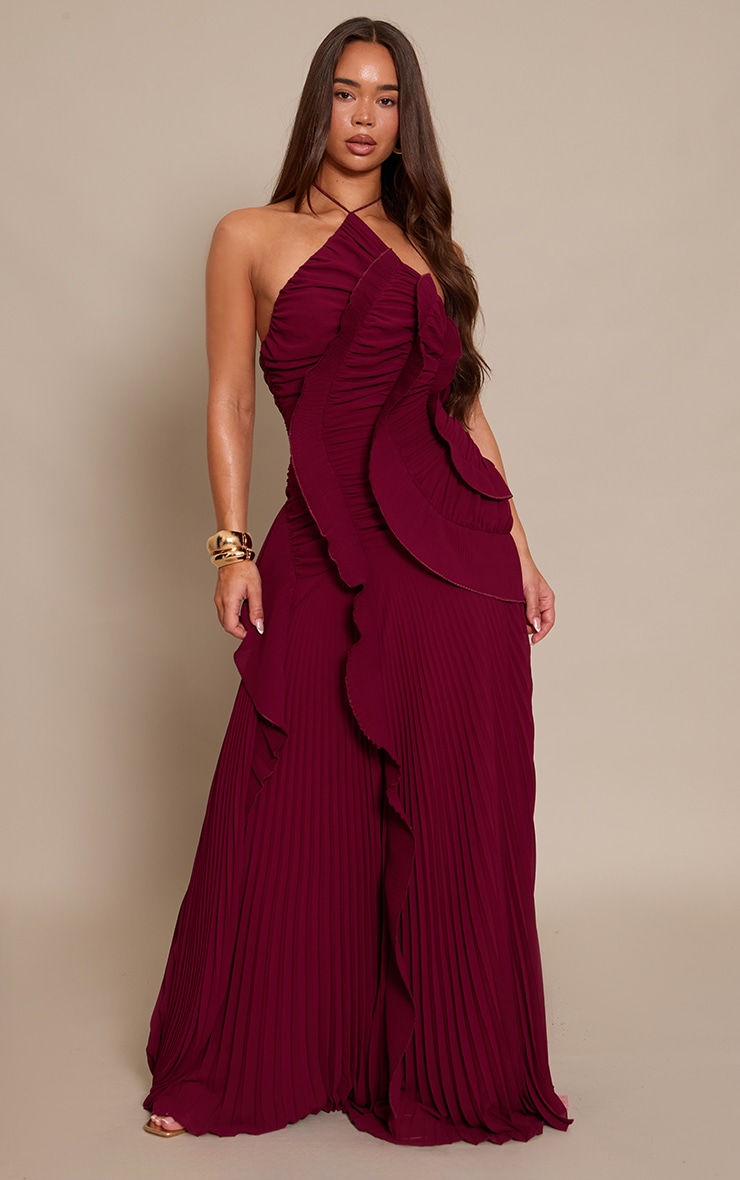 Burgundy Pleated Frill Halterneck Maxi Dress image 1