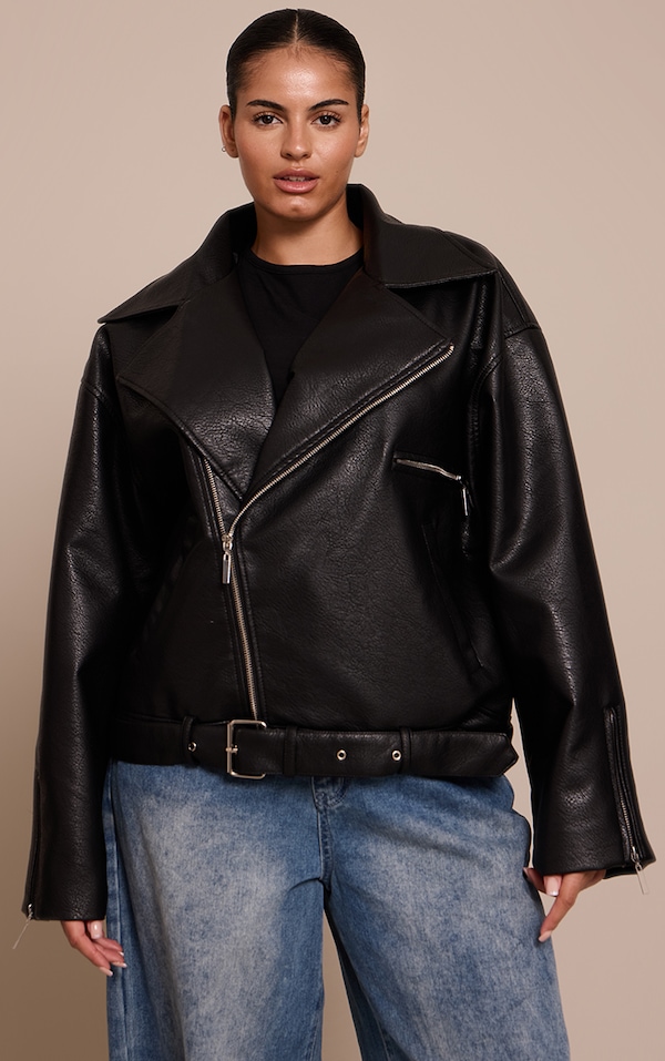 Plus Black Oversized Biker  Faux Leather Jacket