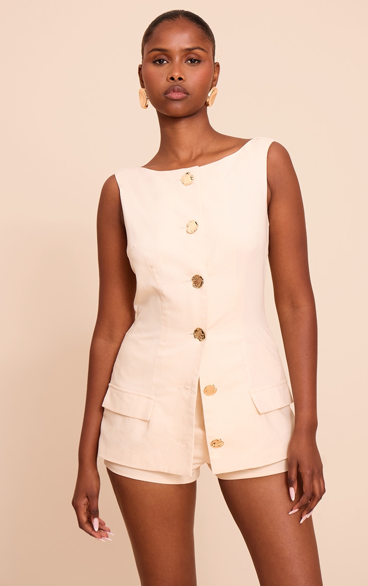 Oatmeal Woven Button Detail Skort Playsuit image 1
