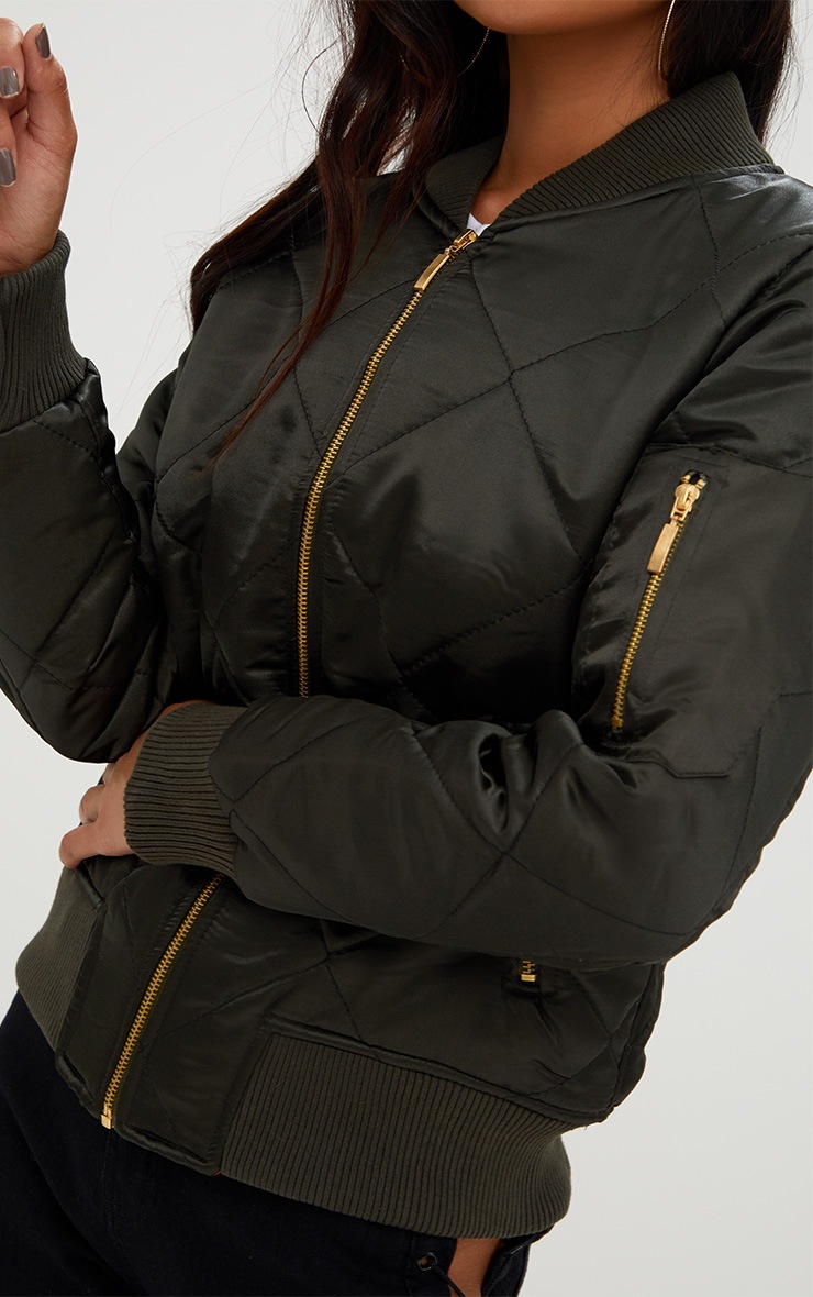 Khaki Satin Quilted Bomber Jacket PrettyLittleThing