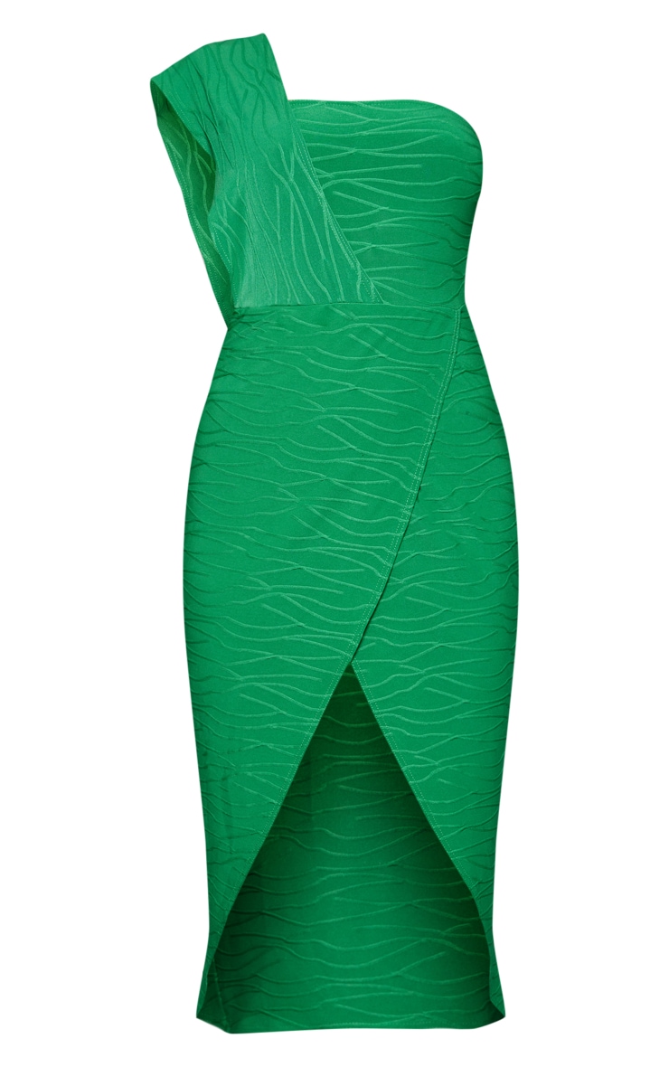 Green Textured One Shoulder Draped Wrap Midi Dress image 5