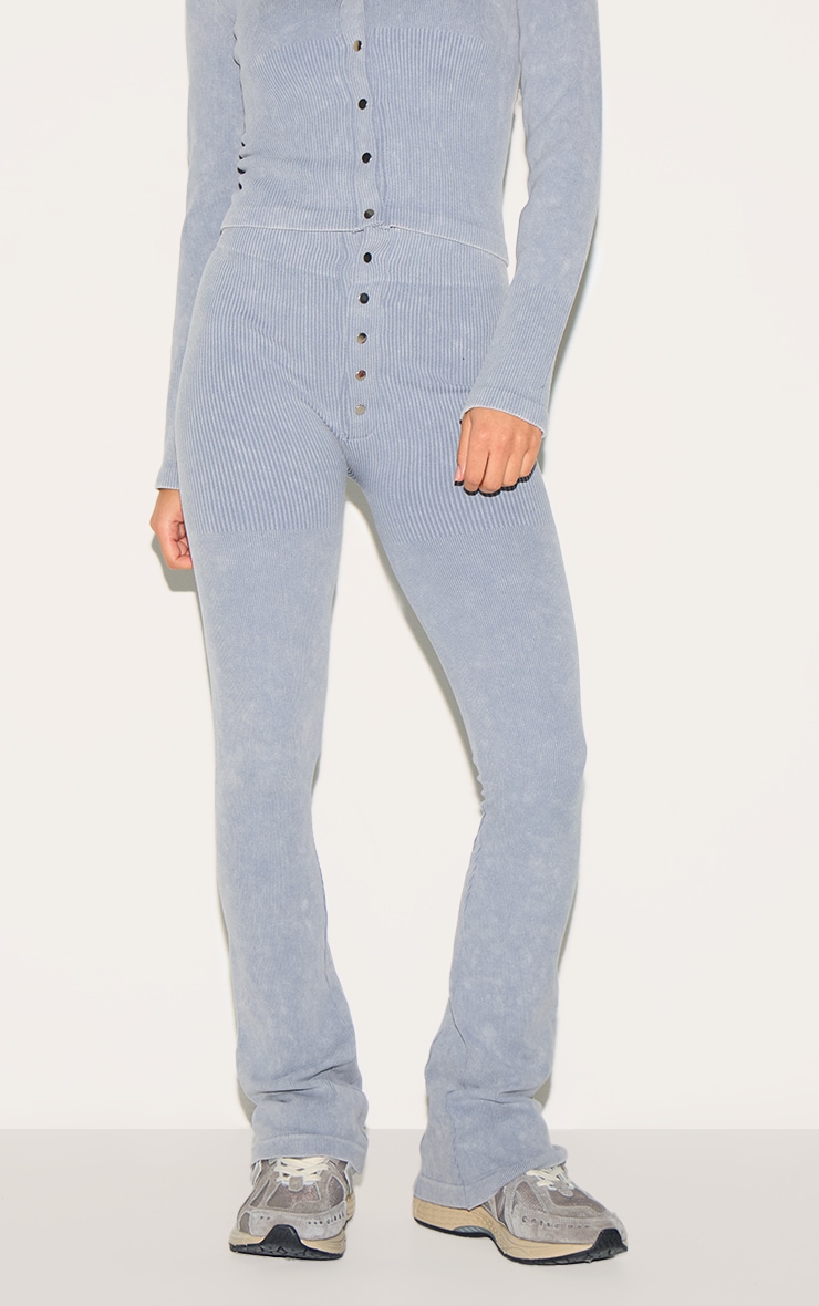 Petite Grey Marl Faded Snatched Rib Button Detail Flared Leggings image 2