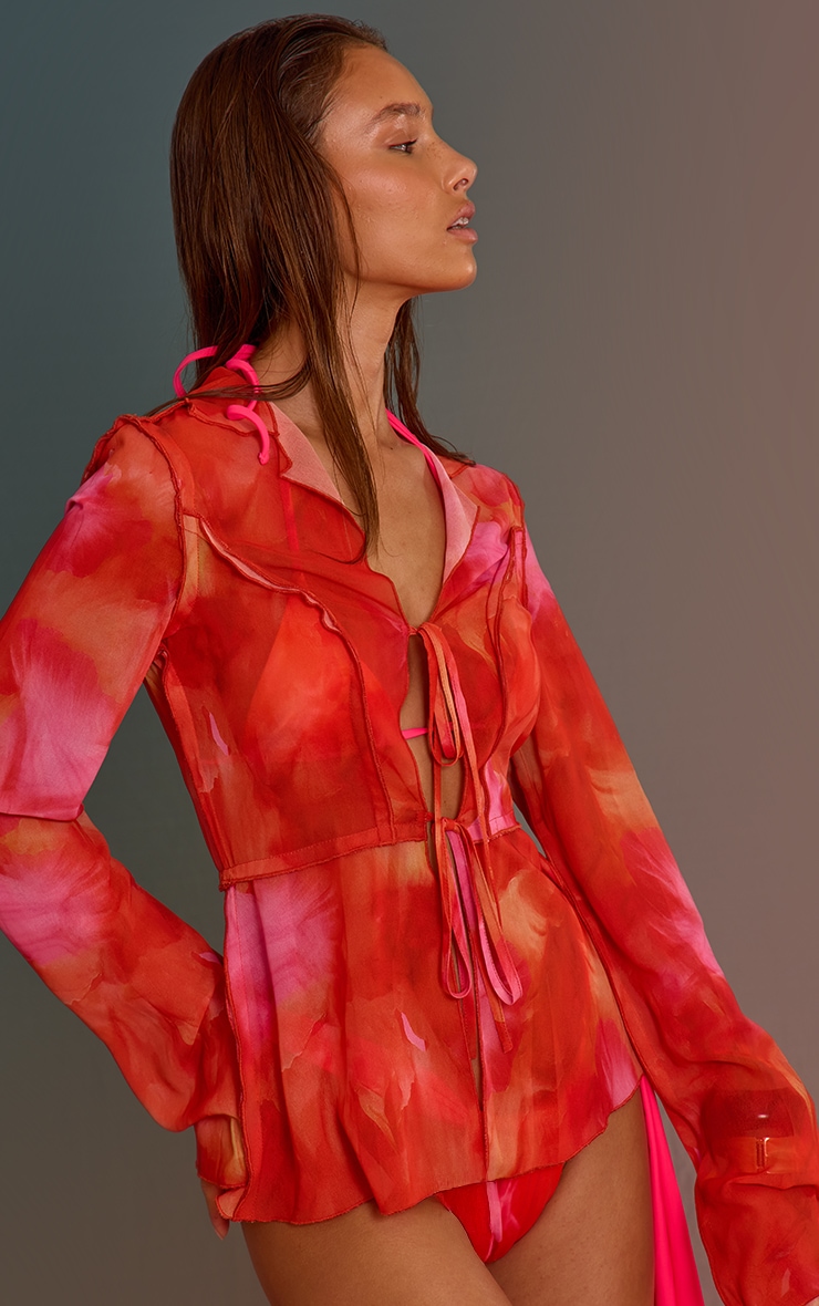 Orange Ombre Print Long Sleeve Tie Front Beach Shirt image 4