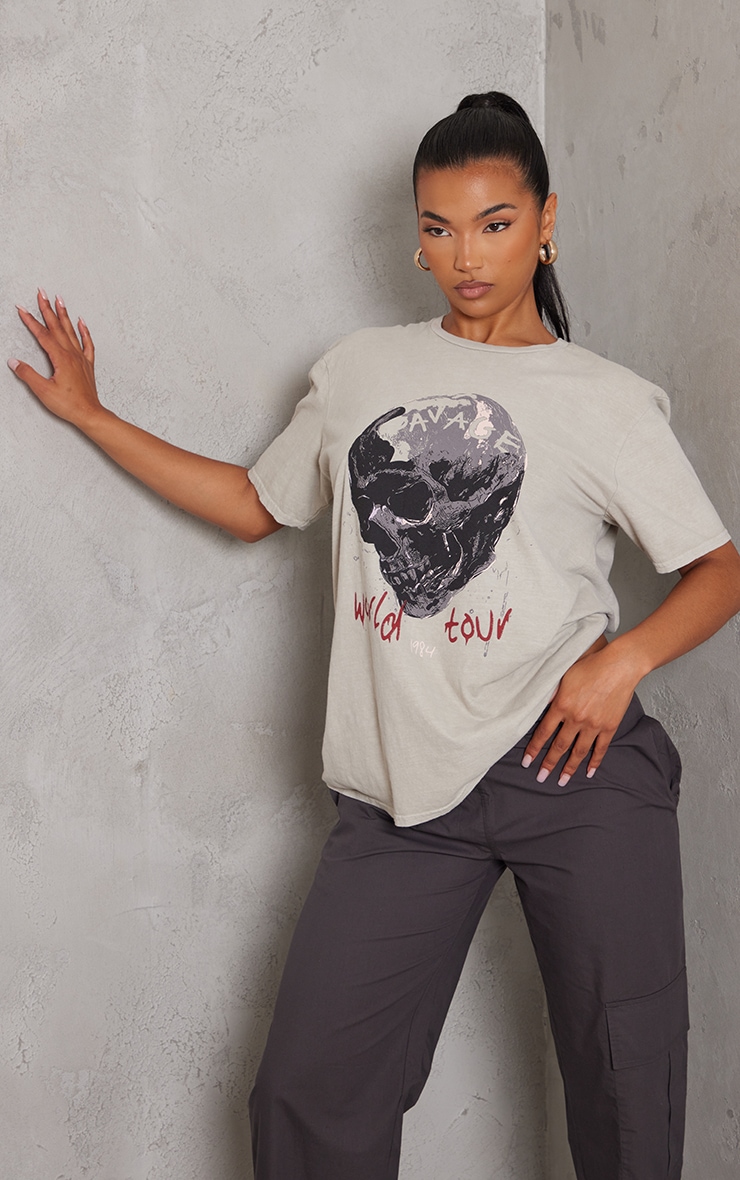 Taupe Washed Savage World Tour Print T Shirt image 1