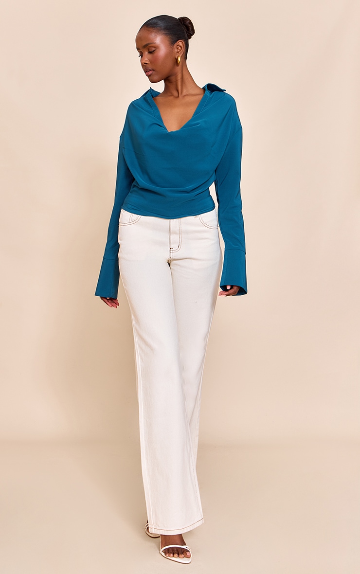 Teal Chiffon Cowl Neck Blouse image 3