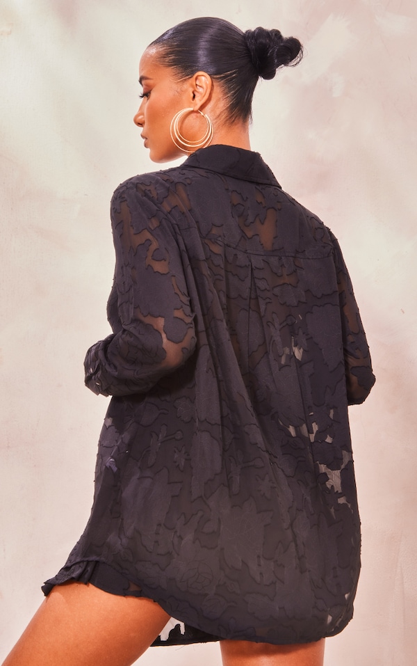 Black Floral Textured Long Sleeve Oversized Shirt PrettyLittleThing