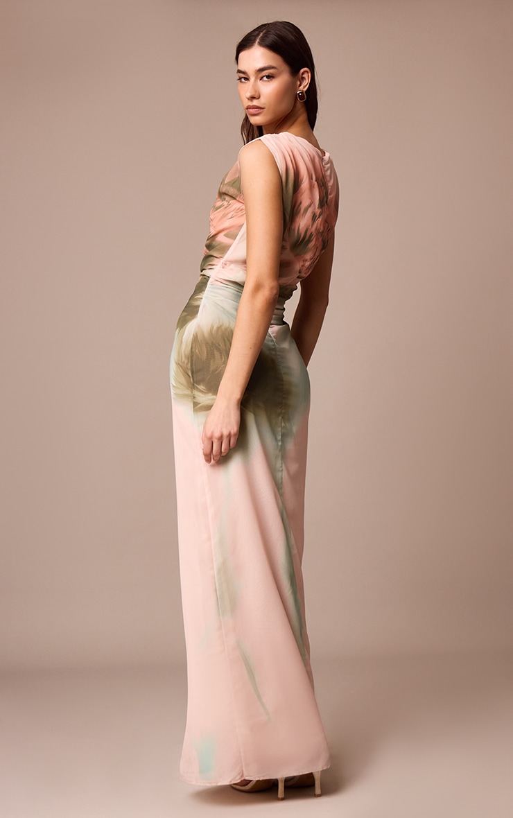 Dusty Pink Printed Floral Chiffon Ruched Sleeveless Maxi Dress image 2