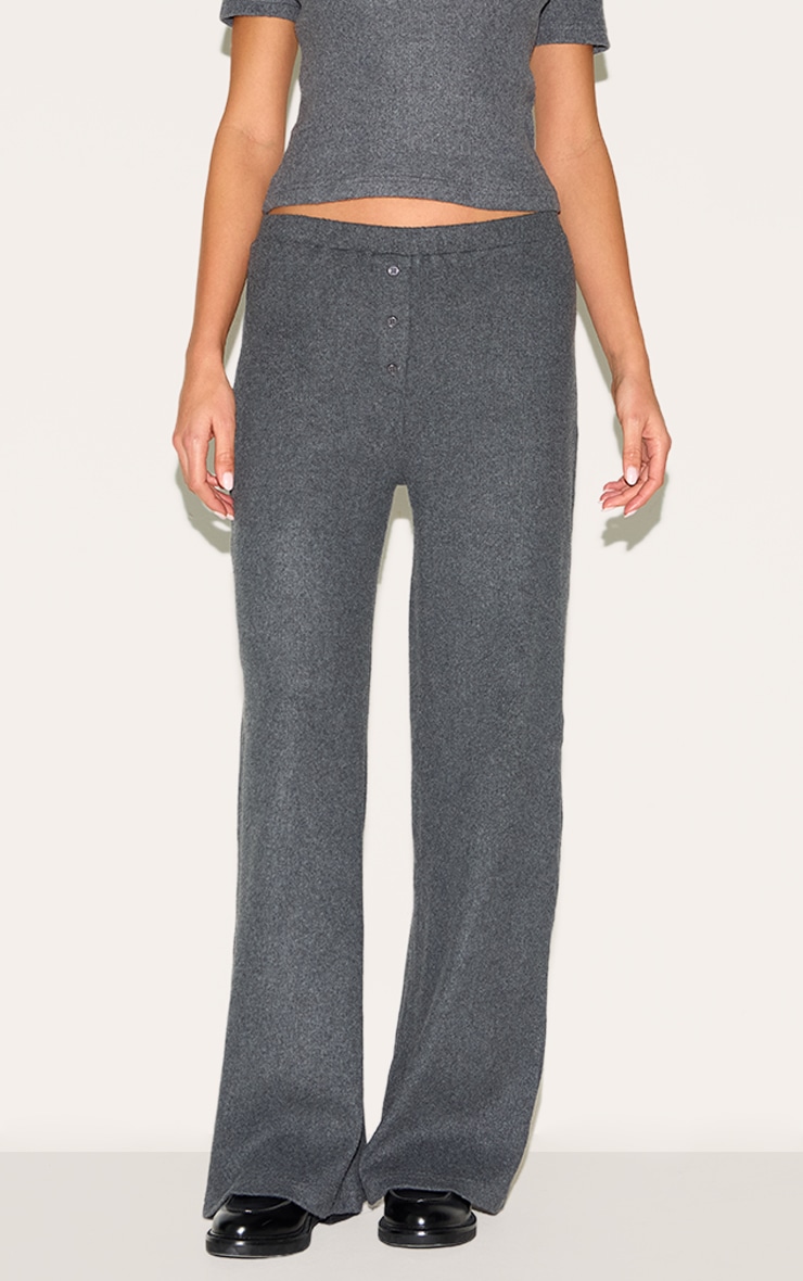 Charcoal Brushed Rib Button Up Detail Straight Leg Pants image 2