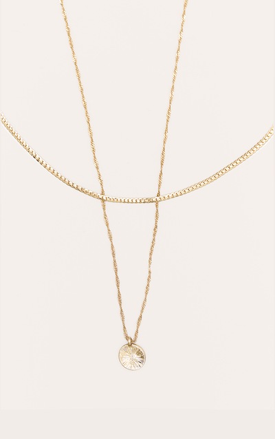 Gold Circle Pendant Layered Twist Chain Necklace