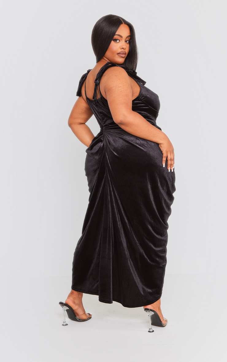 Plus Black Velvet Underwire Detail Draped Midi Dress image 2