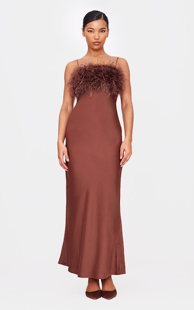 Chocolate Satin Feather Bust Detail Maxi Dress