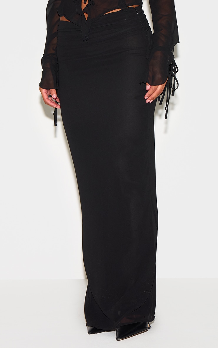 Black Ruched Chiffon Maxi Skirt image 2