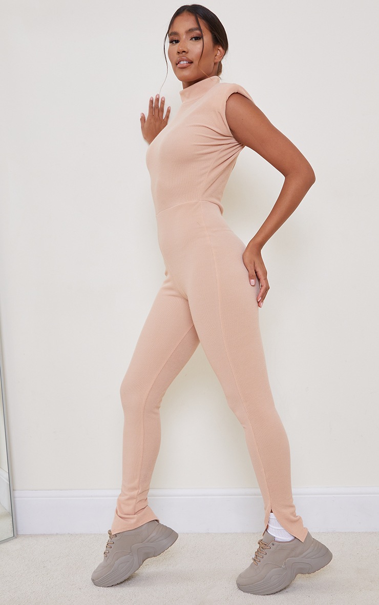 Stone Rib Shoulder Pad Split Hem Jumpsuit