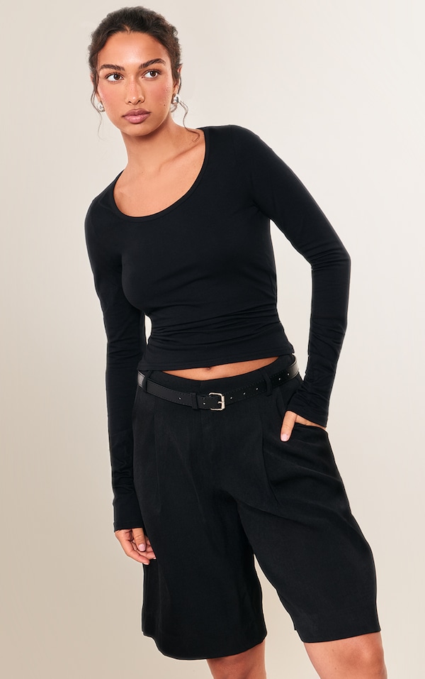  Black Cotton Scoop Neck Fitted Long Sleeve Top