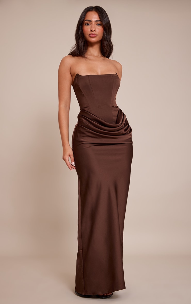 Petite Chocolate Drape Waist Satin Maxi Dress