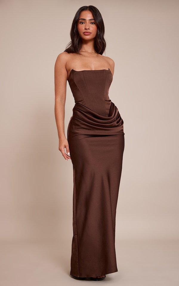 Petite Chocolate Drape Waist Satin Maxi Dress