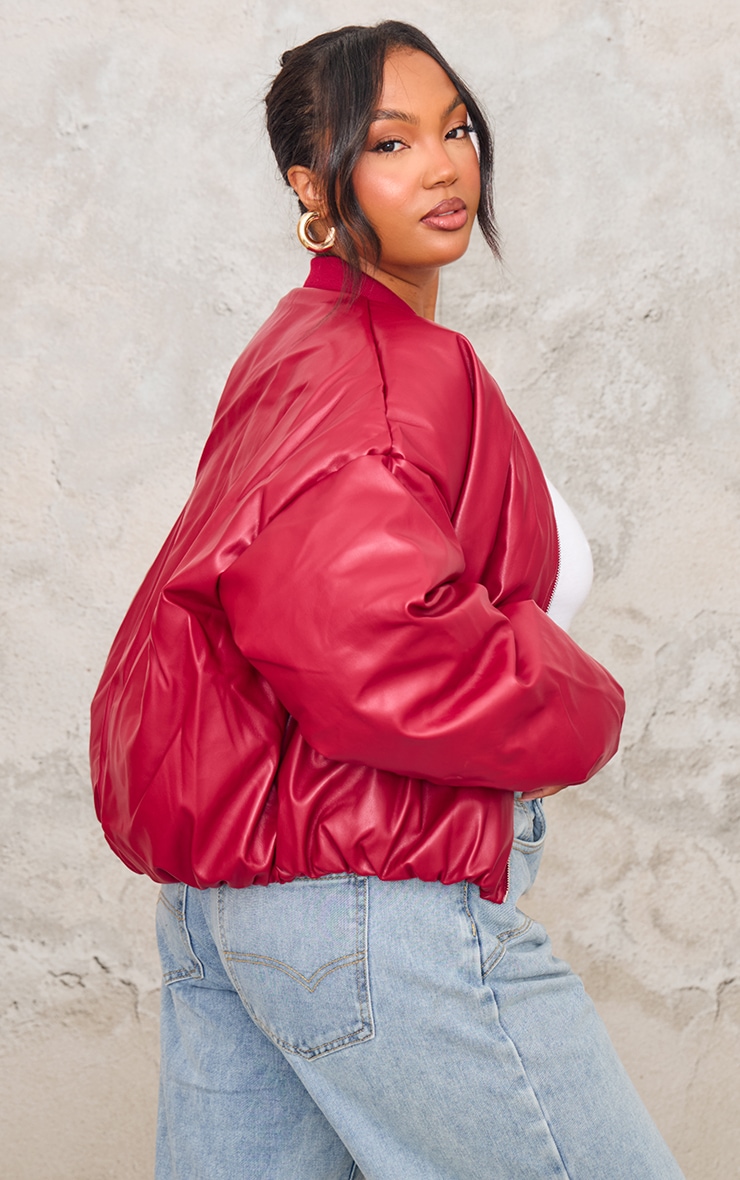 Plus Cherry Red Faux Leather Oversized Bomber Jacket image 2