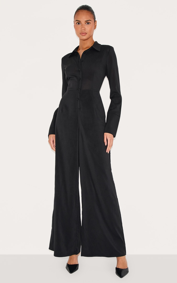 Black Chiffon Long Sleeve Cinched Wide Leg Jumpsuit image 1