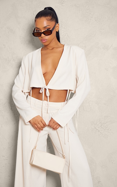 Cream Tailored Tie Front Cropped Blazer