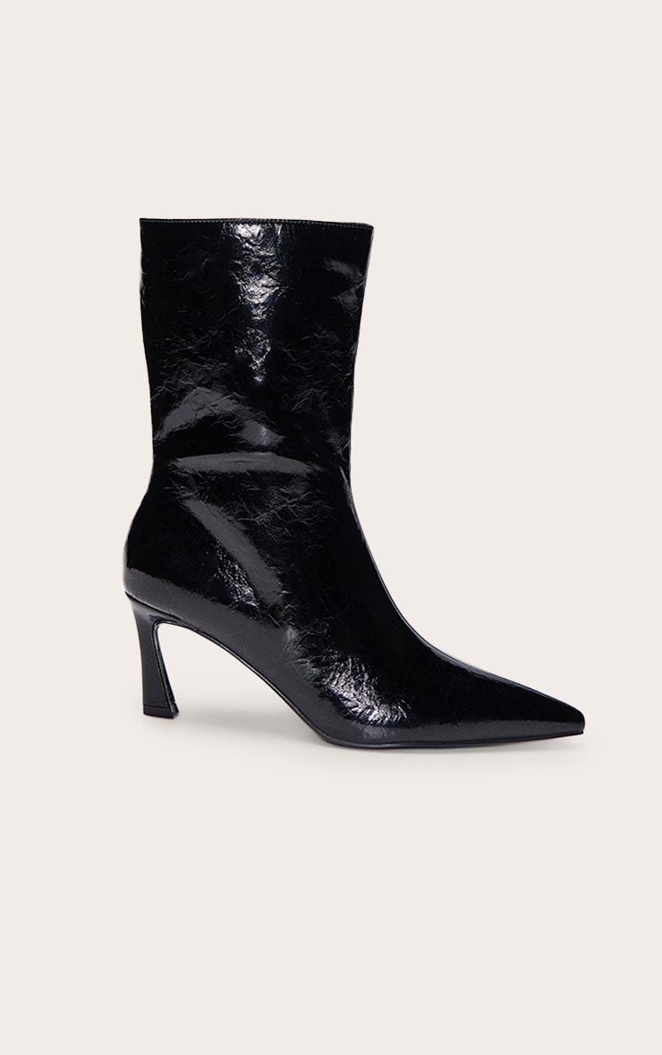 Black Crinkle PU Kick Heel Ankle Boot image 2