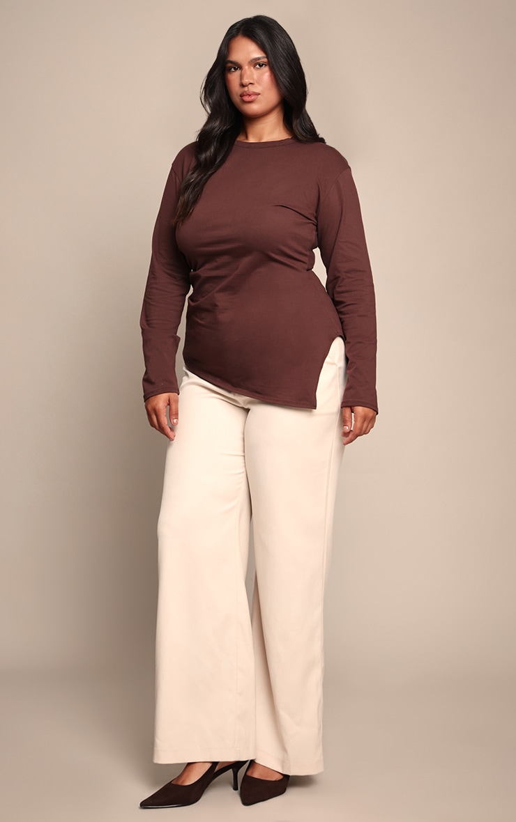 Plus Chocolate Cotton Ruched Side Long Sleeve T-shirt image 3