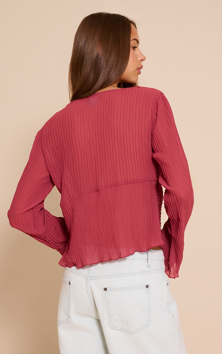Dark Rose Sheer Plisse Tie Front Flute Sleeve Blouse image 2