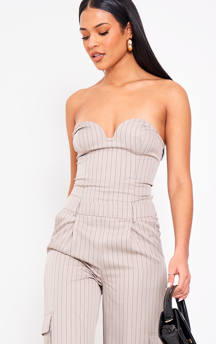 Tall Mocha Pinstripe Bandeau Wide Leg Jumpsuit image 4