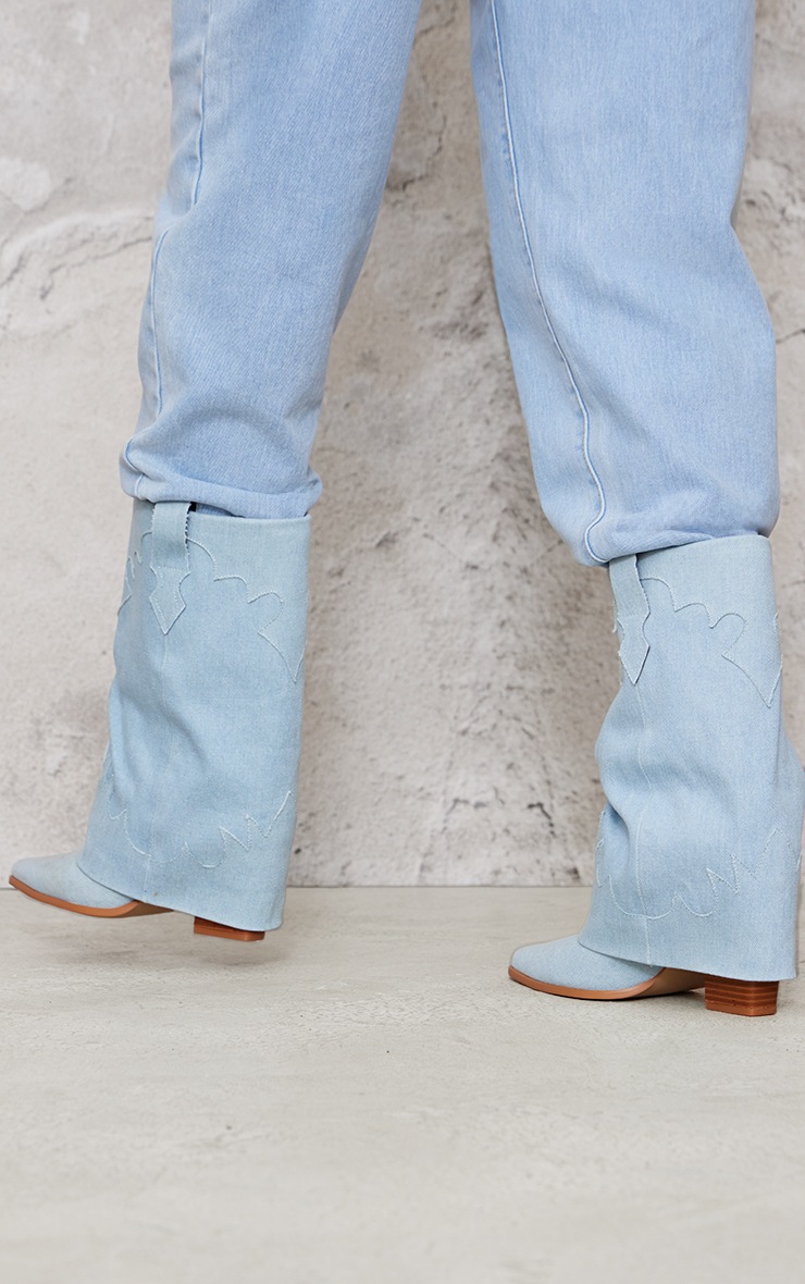 Blue Denim Point Toe Block Heel Fold Over Western Boot image 4